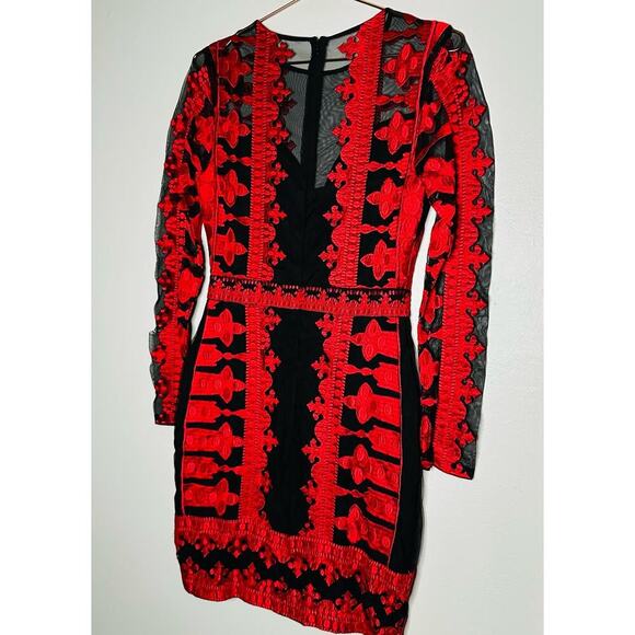 NICOLE MILLER Red Black Illusion Embroidered Mesh Long Sleeve Sheath Dress Size6 - Picture 8 of 11